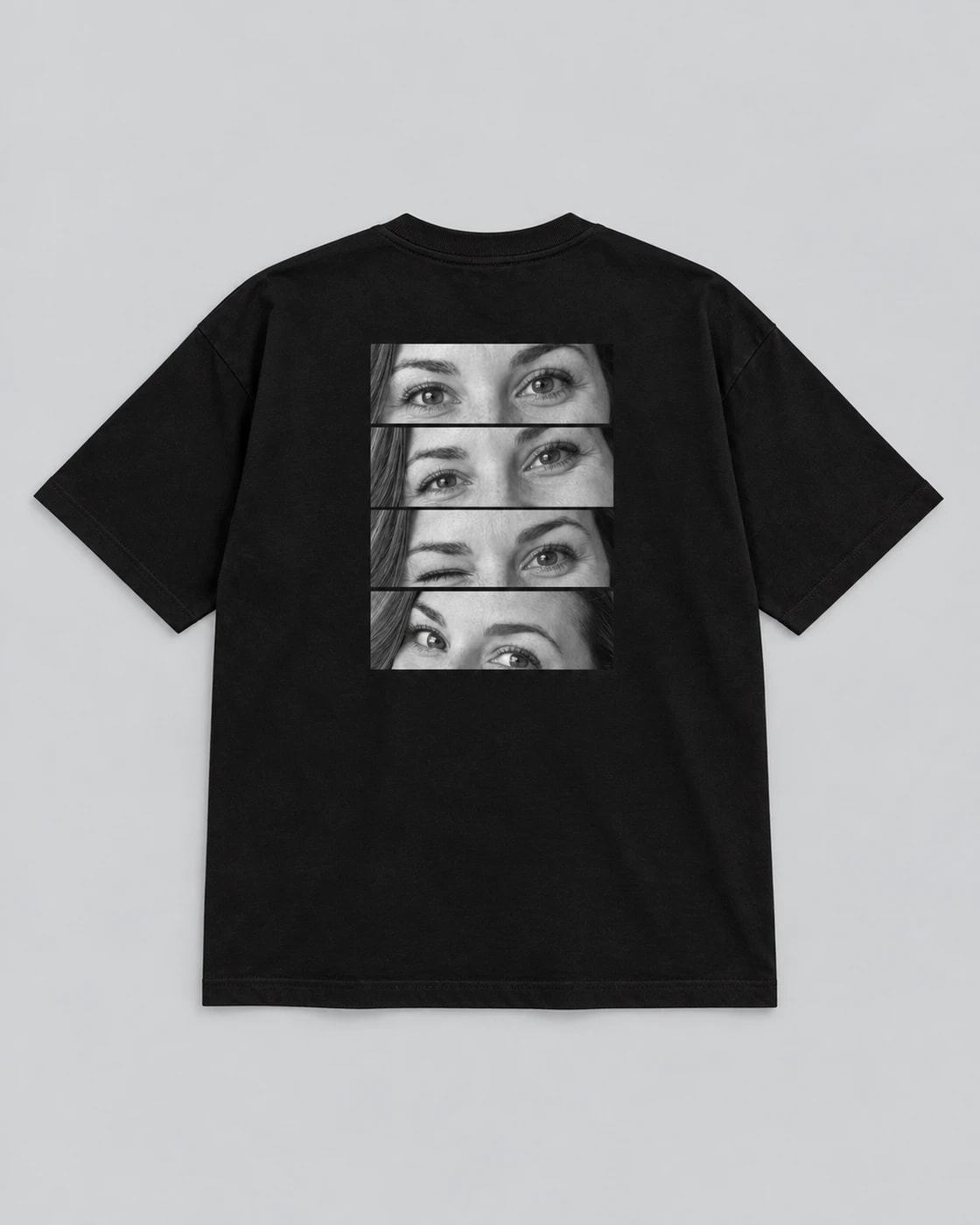 Dos du t-shirt noir Double Eyes, quatre regards en noir et blanc