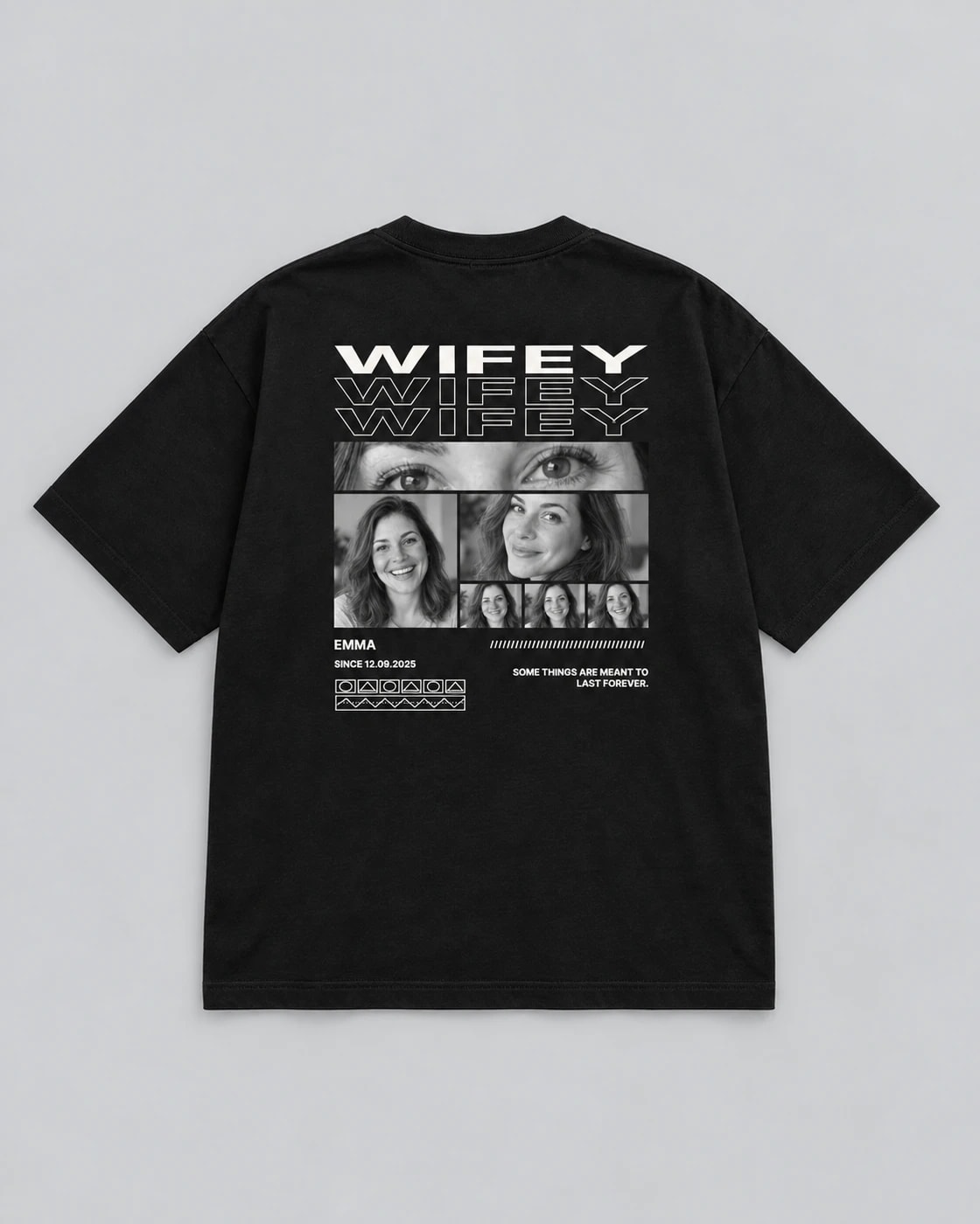 Dos du t-shirt noir Wifey, titres pleins et contours, collage de six photos